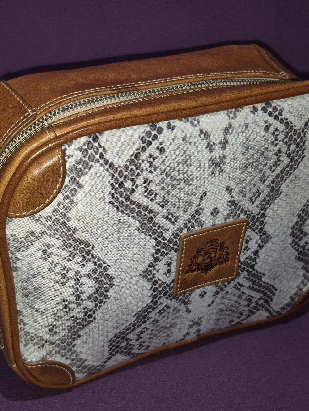 🔥Barrington Edward Jones Snakeskin Tan Leather Cosmetic Toiletry Zip Bag Travel